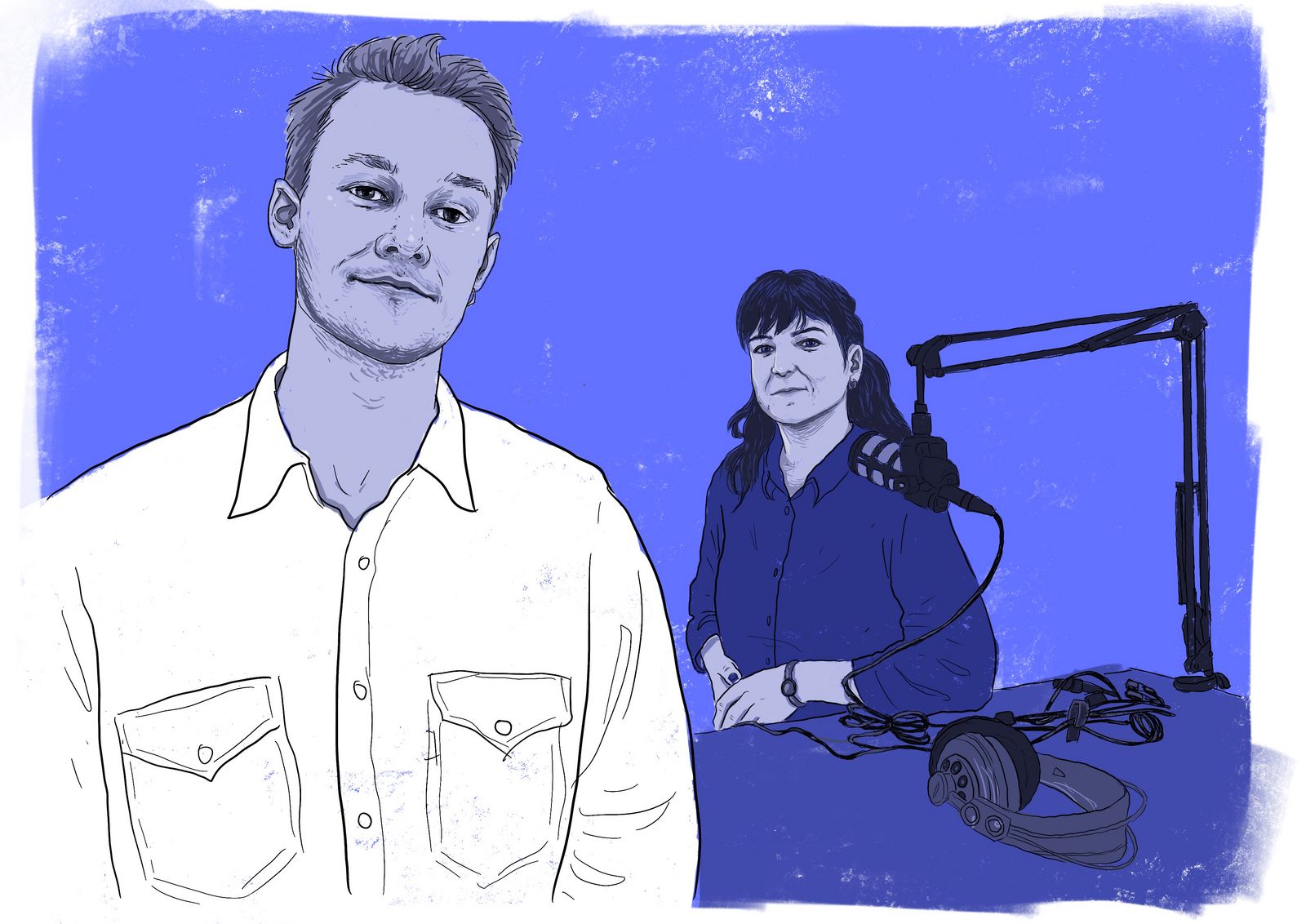 Journalisterne Lasse Klinke og Karna Bunk-Jensen er i studiet for at tale om KLFnet's sexismeundersøgelse. Illustration: Lisbet Fredslund 