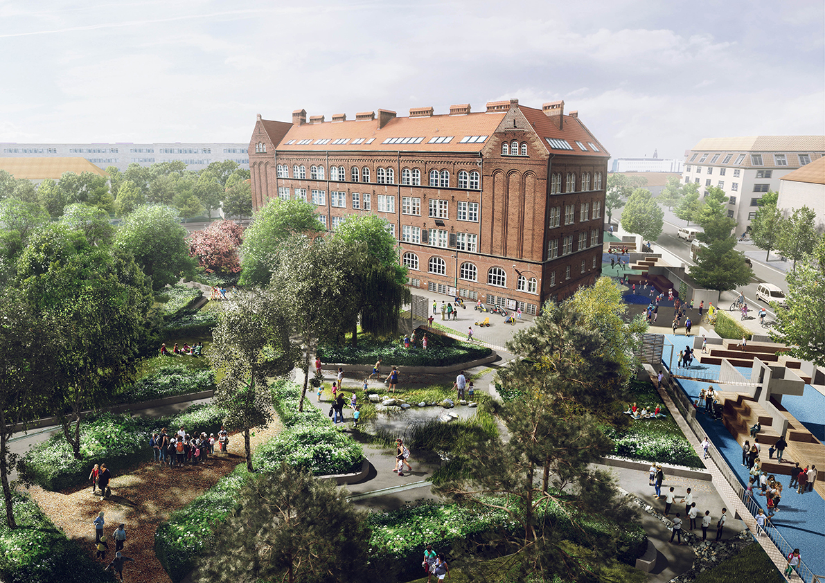 Model af fremtidens skovskolegård på Amager Fælled Skole. Illustration: Nord Architects
